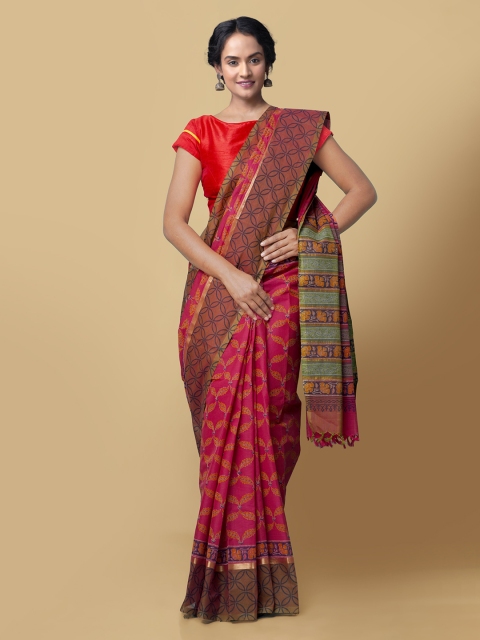 

Unnati Silks Pink & Orange Pure Cotton Printed Handloom Mangalagiri Saree