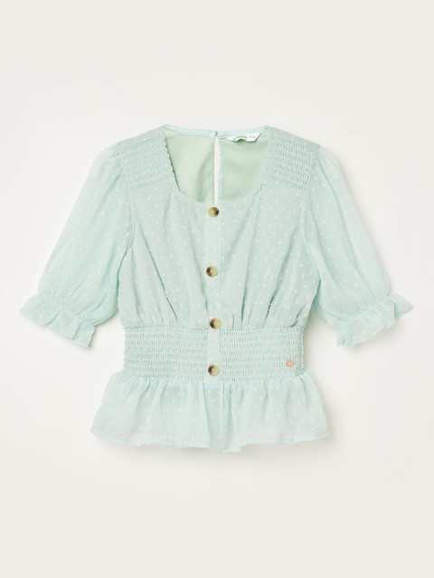 

Bossini Girls Green Puff Sleeves Cinched Waist Top