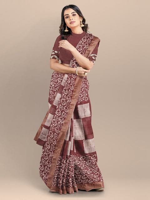 

BharatSthali Burgundy & White Silk Cotton Printed Venkatgiri Saree