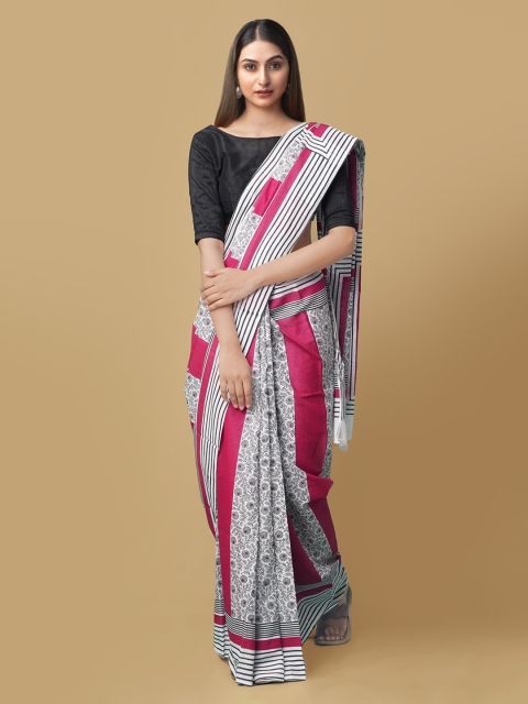

Unnati Silks Off-White & Black Pure Cotton Printed Bhagalpuri Handloom Saree