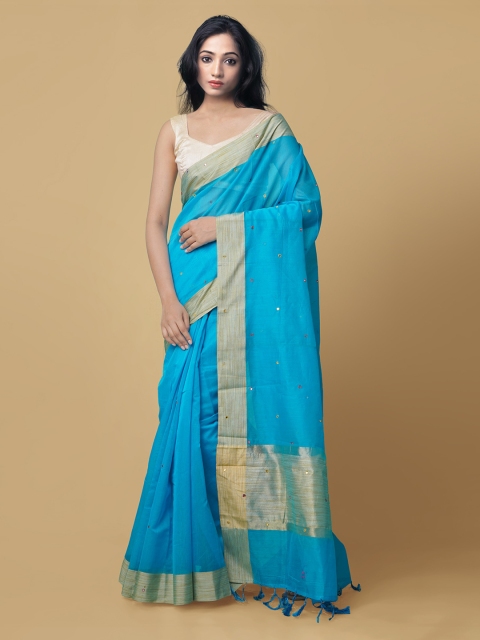

Unnati Silks Blue Mirror Work Handloom Kanjeevaram Saree
