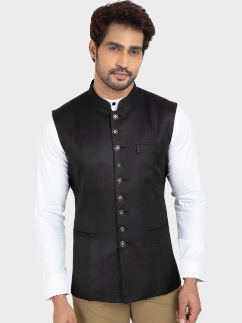 

N Dot Men Black Solid Woven Linen Nehru Jacket