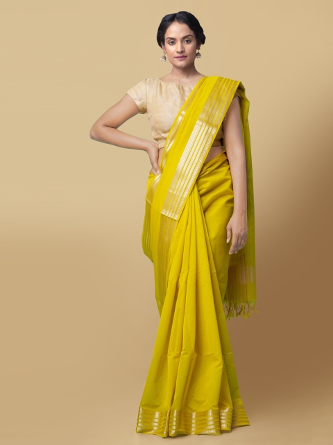 

Unnati Silks Mustard Silk Cotton Solid Handloom Baluchari Saree