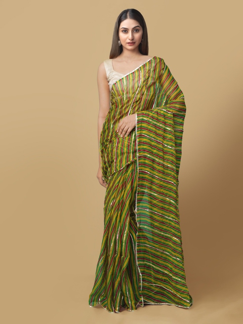 

Unnati Silks Mustard Pure Chiffon Striped Bhagalpuri Saree