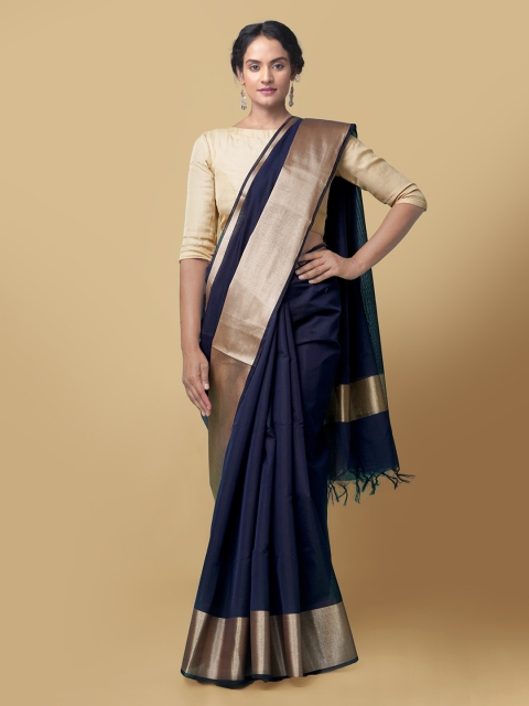 

Unnati Silks Navy Blue Solid Handloom Baluchari Saree