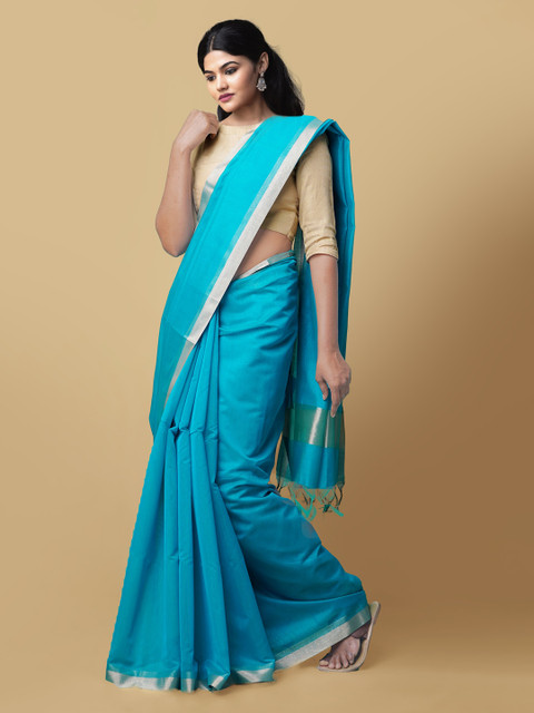 

Unnati Silks Blue Silk Cotton Solid Handloom Baluchari Saree