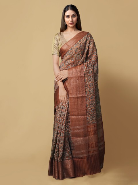 

Unnati Silks Orange & Black Silk Cotton Printed Maheshwari Saree