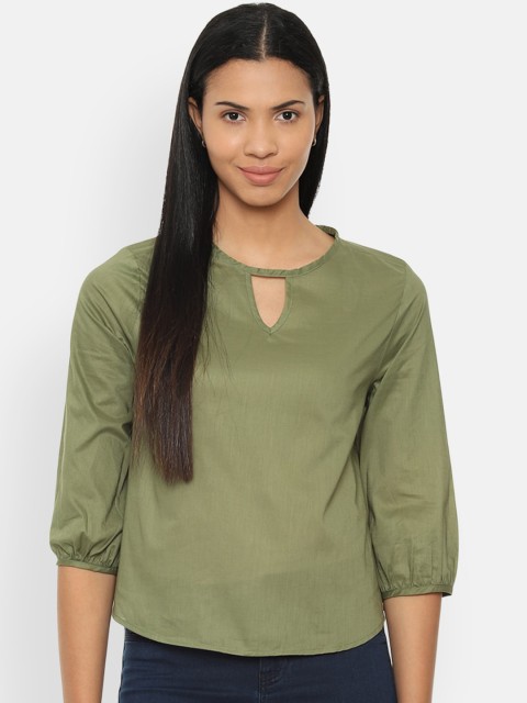 

Van Heusen Woman Olive Green Keyhole Neck Puff Sleeves Pure Cotton Regular Top