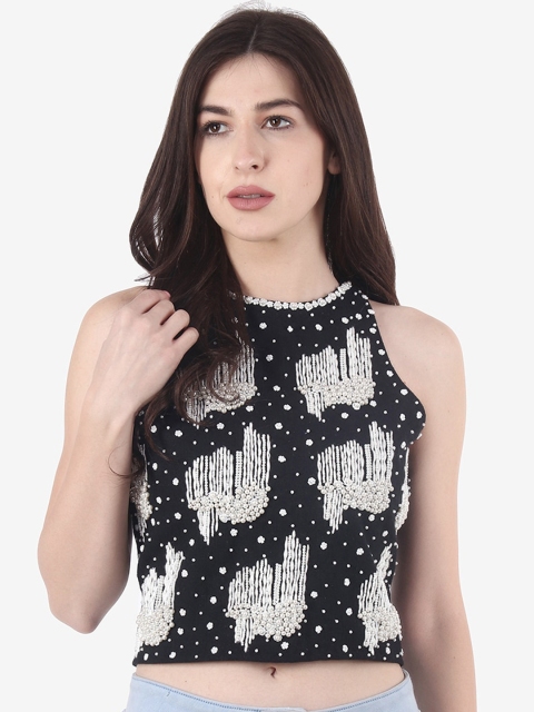 

Diwaah Black & White Embellished Regular Pure Cotton Crop Top