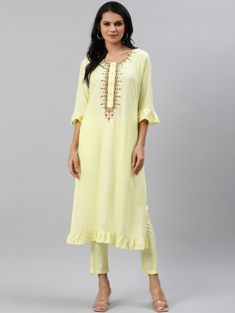 

Sringam Women Yellow Ethnic Motifs Embroidered Kurta with Trousers