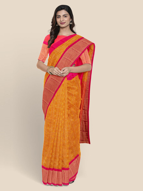

KLM Fashion Mall Orange Checked Chanderi Saree