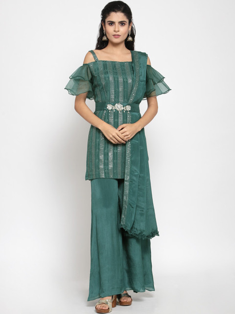 

KHALOM Women Green Embroidered Kurti with Sharara & Dupatta