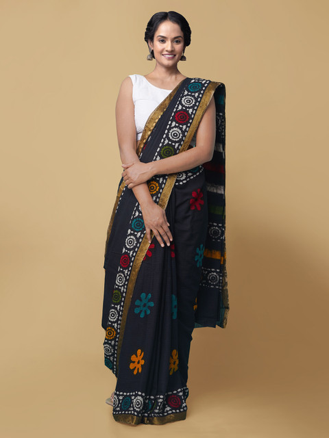 

Unnati Silks Black Pure Cotton Printed Patola Saree