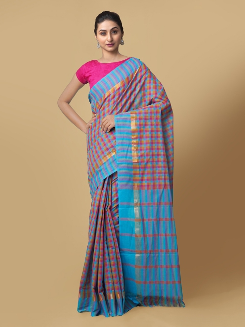

Unnati Silks Blue & Pink Pure Cotton Checked Mangalagiri Saree
