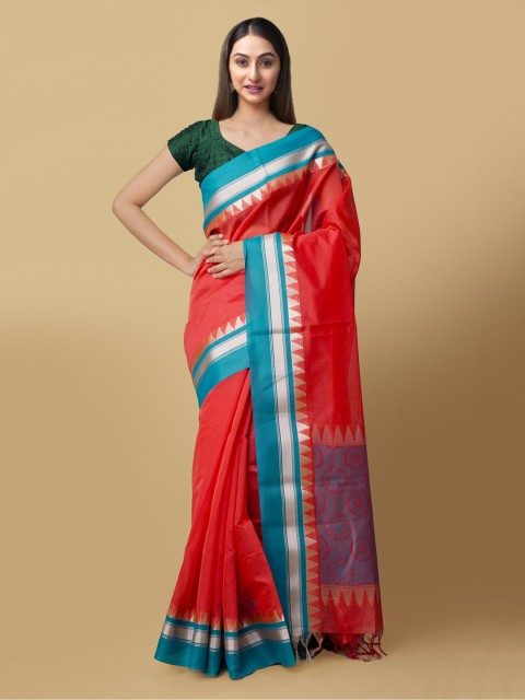 

Unnati Silks Orange & Blue Silk Cotton Solid Baluchari Saree