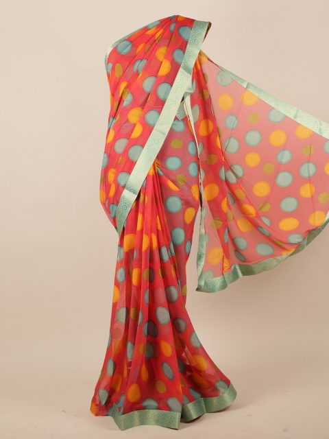 

Pothys Coral Orange & Yellow Polka Dot Print Saree