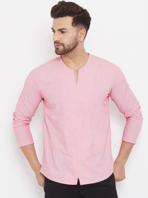 

even Men Pink Solid Dobby Straight Kurta