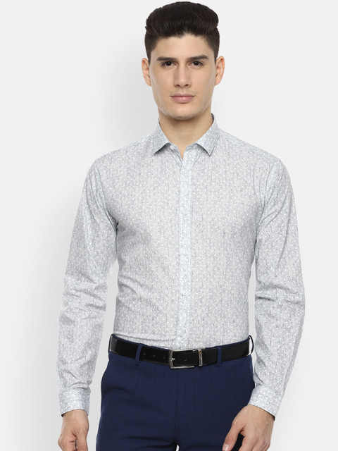 

V Dot Men White & Charcoal Grey Pure Cotton Slim Fit Printed Casual Shirt