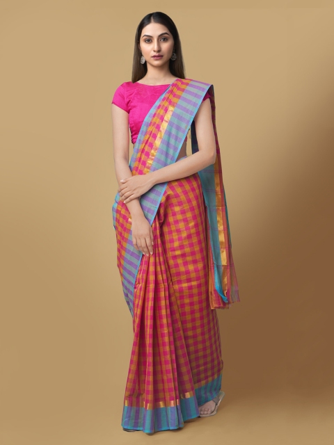 

Unnati Silks Pink Pure Cotton Checked Handloom Mangalagiri Saree