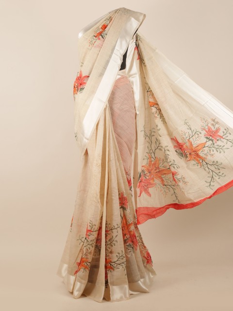

Pothys Cream-Coloured & Orange Floral Print Saree