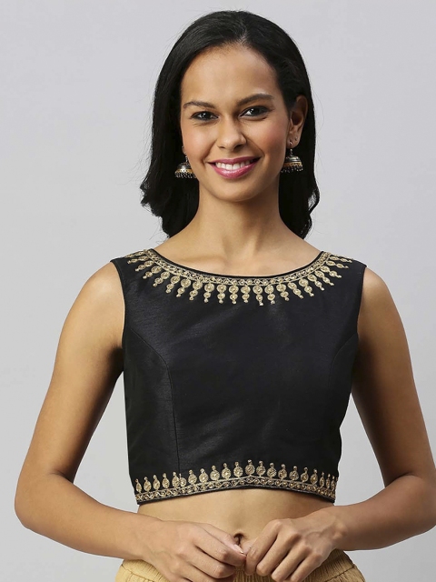 

Soch Women Black & Gold-Coloured Embroidered Readymade Art Silk Saree Blouse