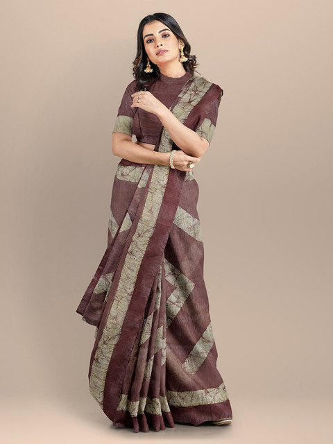 

BharatSthali Maroon & Olive Green Silk Cotton Striped Venkatgiri Handloom Saree