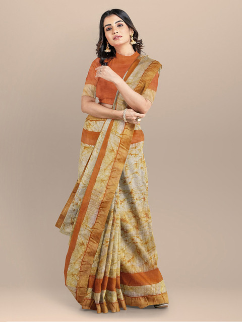 

BharatSthali Orange & Beige Silk Cotton Printed Venkatgiri Saree
