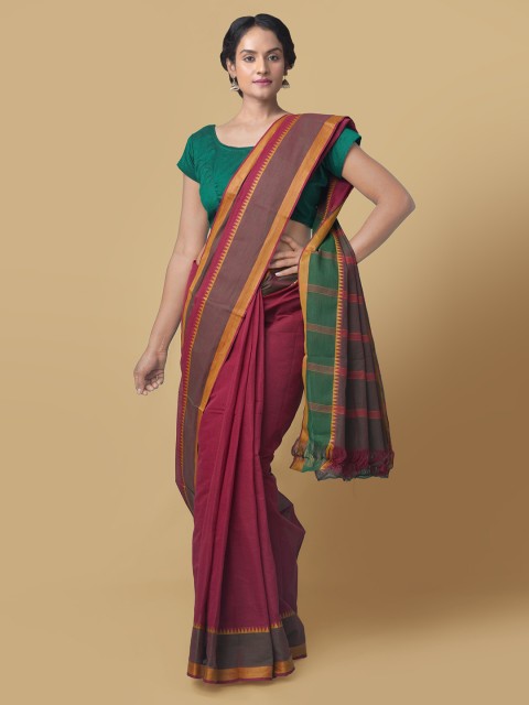 

Unnati Silks Red Pure Cotton Solid Handloom Mangalagiri Saree