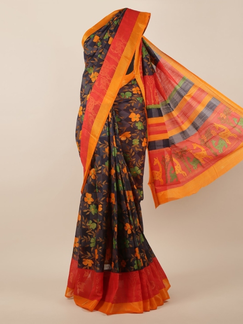 

Pothys Navy Blue & Orange Floral Woven Design Saree