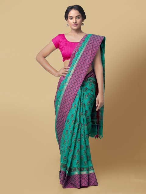 

Unnati Silks Green & Pink Pure Cotton Printed Mangalagiri Saree