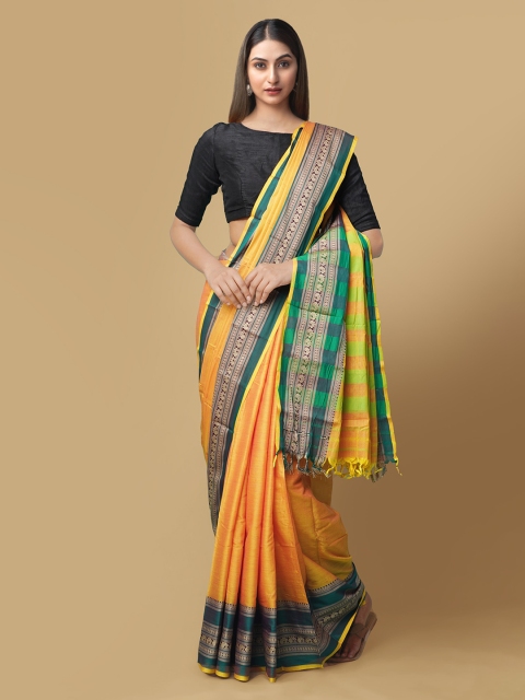 

Unnati Silks Yellow & Green Pure Cotton Solid Narayan Peth Saree