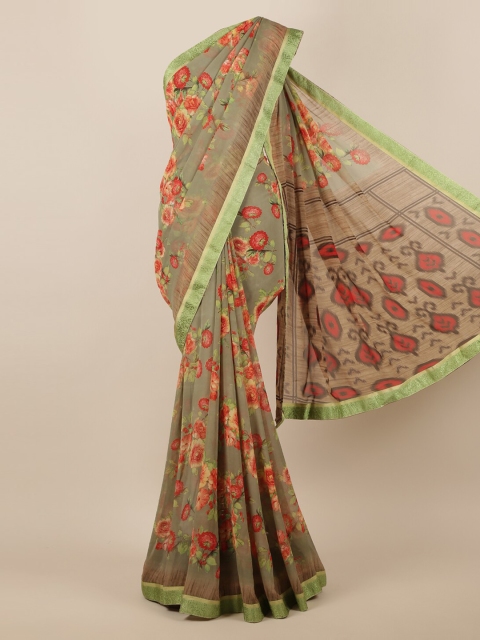 

Pothys Green & Orange Floral Print Saree
