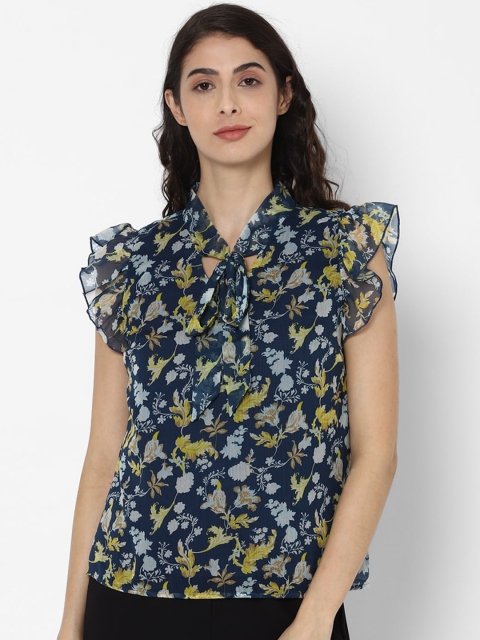 Allen Solly Woman Navy Blue & Mustard Yellow Floral Tie-Up Neck Flutter Sleeves Top