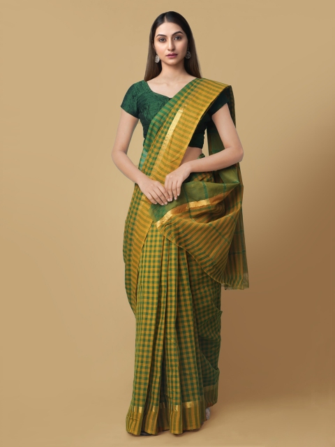 

Unnati Silks Green & Yellow Pure Cotton Checked Handloom Mangalagiri Saree
