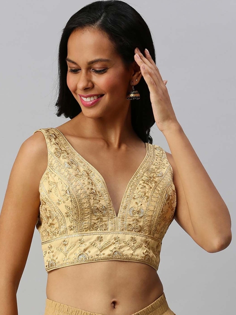 Soch Women Gold-Coloured Embroidered Art Silk Saree Blouse