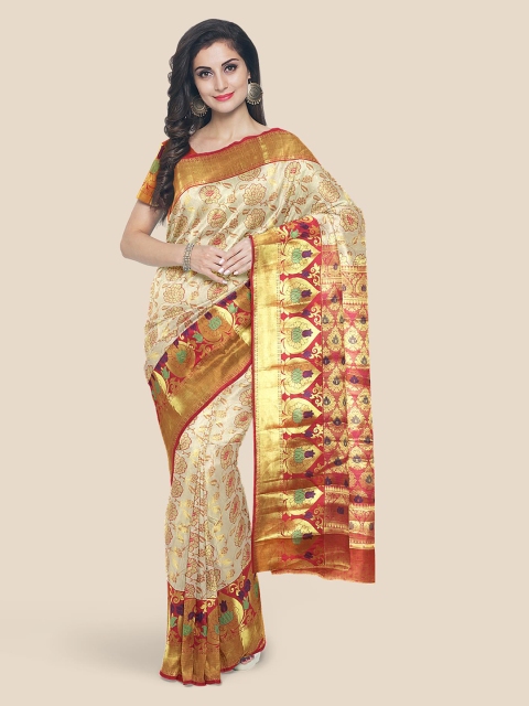 

KLM Fashion Mall Cream-Coloured & Red Woven Design Kanjeevaram Saree