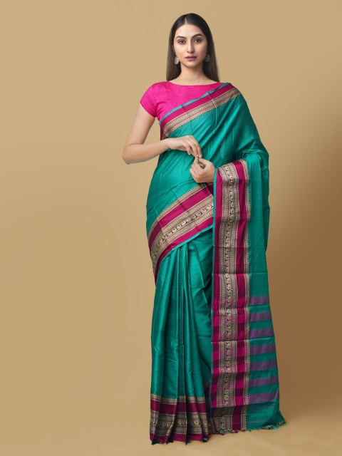 Unnati Silks Green Pure Cotton Solid Handloom Narayan Peth Saree