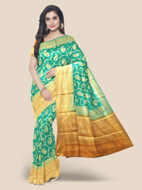 

KLM Fashion Mall Green & Golden Woven Design Banarasi Saree