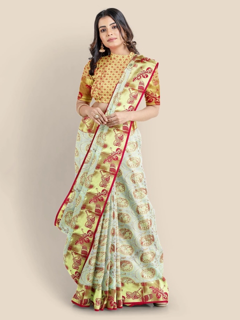 

KLM Fashion Mall Cream-Coloured & Yellow Woven Design Kanjeevaram Saree