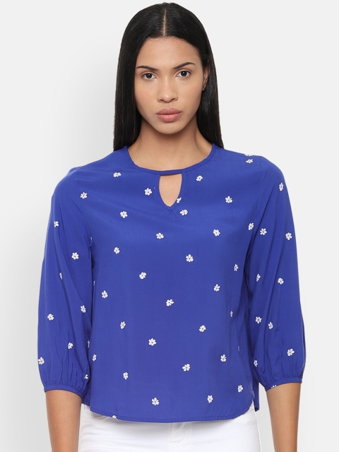

Van Heusen Woman Blue & White Floral Printed Keyhole Neck Styled Back Top