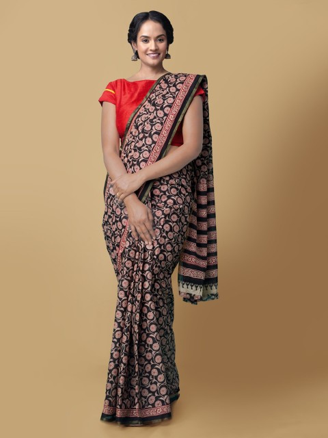 

Unnati Silks Black Pure Cotton Printed Bagru Saree
