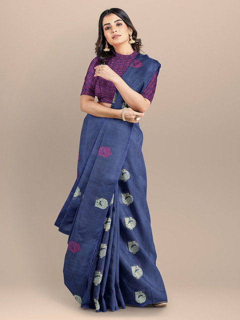 

BharatSthali Navy Blue Pure Cotton Woven Design Kasavu Saree