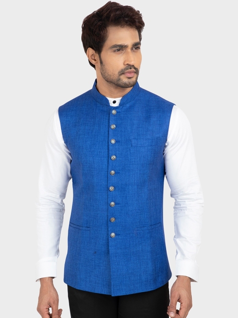 

N Dot Men Blue Solid Woven Nehru Jacket