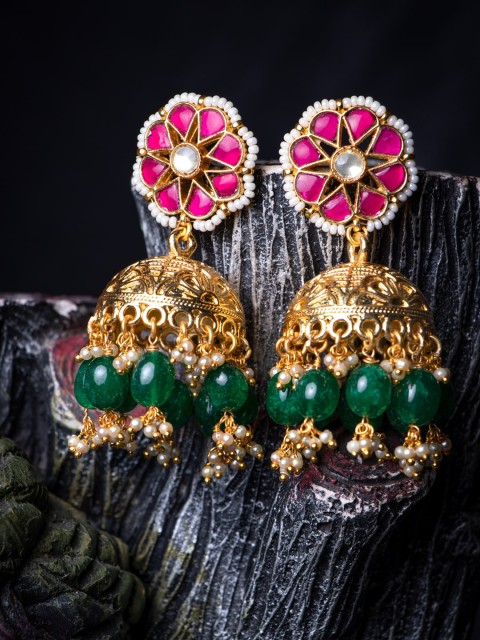 

MORKANTH JEWELLERY Pink & Green Dome Shaped Jhumkas