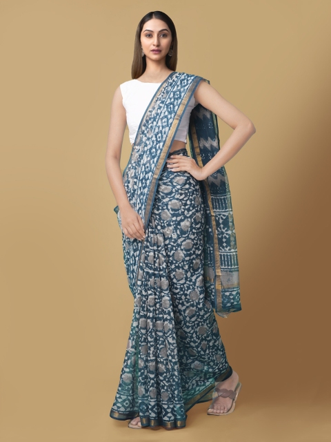 

Unnati Silks Blue Pure Cotton Printed Dabu Saree