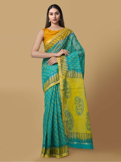 

Unnati Silks Blue Pure Cotton Printed Block Print Saree