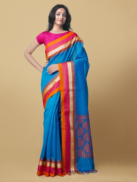

Unnati Silks Blue & Orange Silk Cotton Solid Baluchari Saree