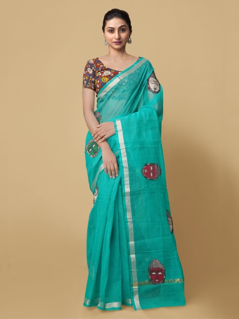 

Unnati Silks Green & Red Pure Cotton Handloom Embroidered Kota Saree