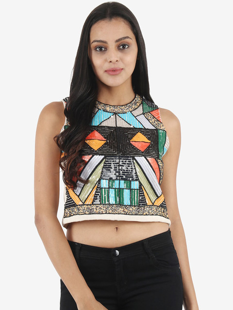 

Diwaah Off White Embellished Regular Crop Top