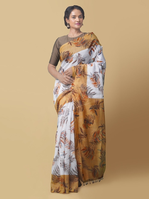 

Unnati Silks White & Yellow Art Silk Printed Block Print Saree